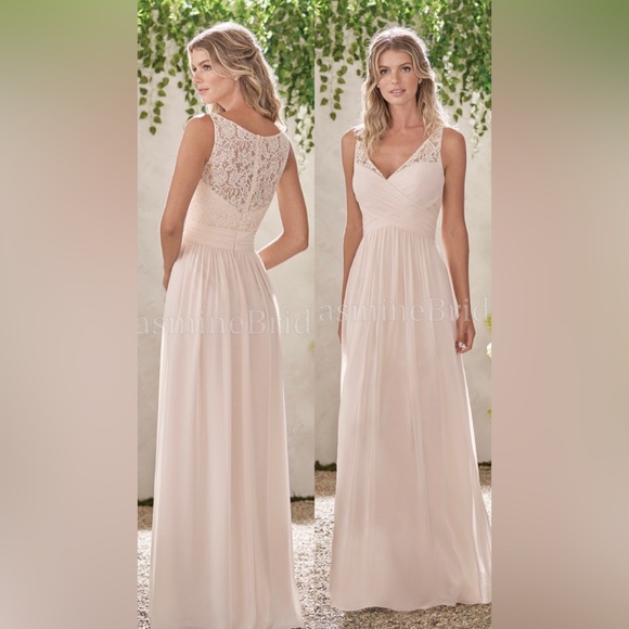 B2 Jasmine B193001 Long V-neck Lace Poly Chiffon Bridesmaid Dress